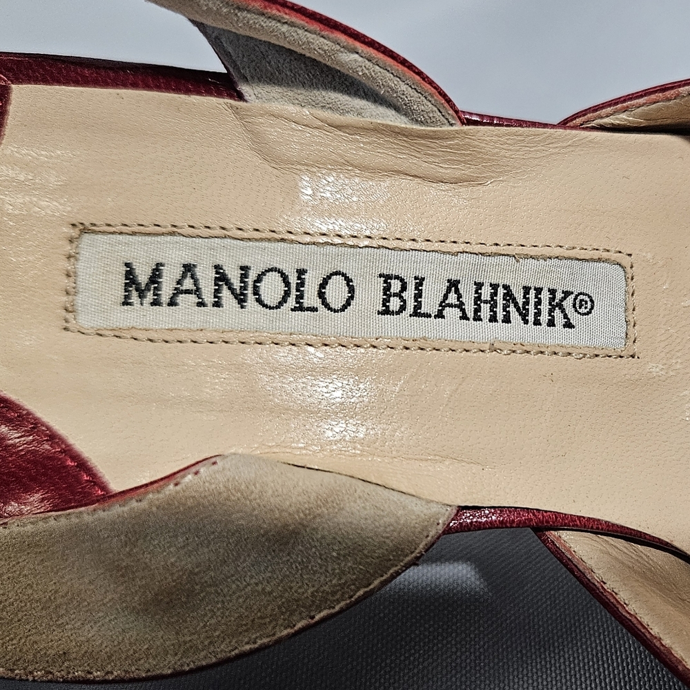 Manolo Blahnik VTG Carolyne Leather Red Sling Back Point Toe Kitten Heel 40/9.5 - Picture 2 of 10